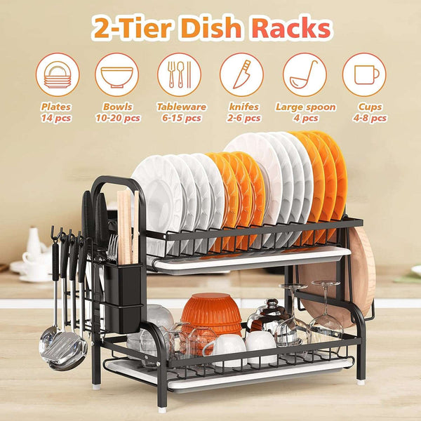 Dish Drying Rack, 2-Tier Dish Racks For Kitchen Counter, Sink Dish Drainer With Drainboard, Utensil Holder And Cutting Board Holder, Stainless Steel Kitchen Drying Rack-Black, dish tray, Zogies Deals