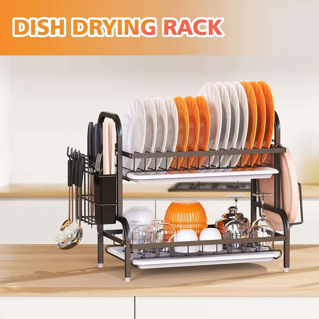 Dish Drying Rack, 2-Tier Dish Racks For Kitchen Counter, Sink Dish Drainer With Drainboard, Utensil Holder And Cutting Board Holder, Stainless Steel Kitchen Drying Rack-Black, dish tray, Zogies Deals